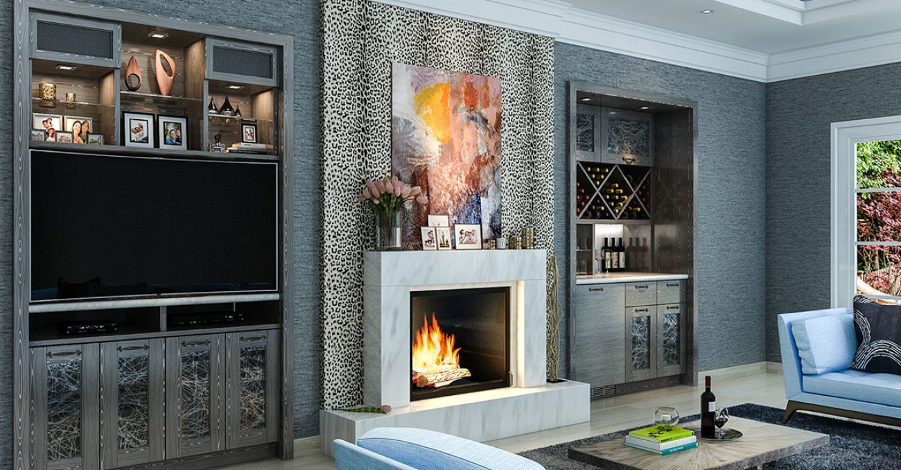 Wall unit and media center with integrated TV mount and wine storage in wet bar.