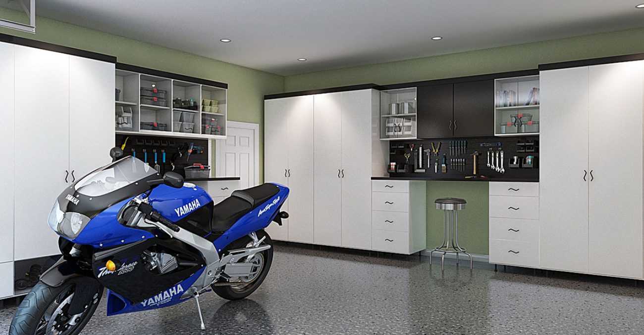 Two-tone cabinet system in high-gloss white and black, glass front doors, open shelving, and decorative pulls.