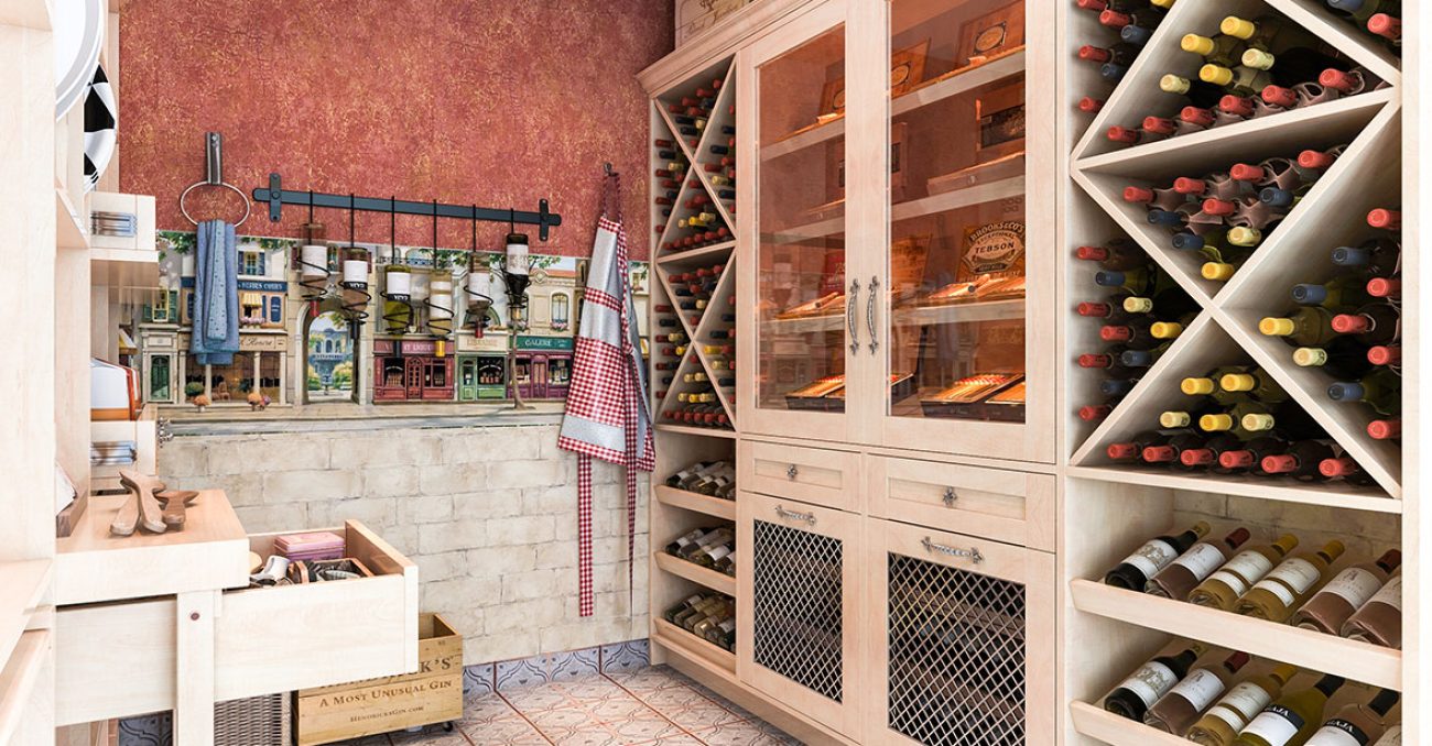 Custom walk-in pantry with wine storage and humidor.